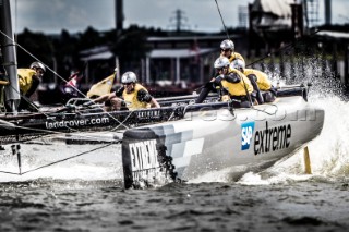 2015 Extreme Sailing Series - Act 5 - Hamburg.SAP Extreme Sailing Team skippered by Jes Gram-Hansen (DEN) and Rasmus KÂ¯stner (DEN) and crewed by Mads Emil Stephensen (DEN), Herve Cunningham (FRA) and Nicholai Sehested (DEN).