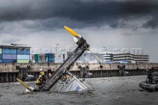 2015 Extreme Sailing Series - Act 5 - Hamburg.SAP Extreme Sailing Team skippered by Jes Gram-Hansen (DEN) and Rasmus KÂ¯stner (DEN) and crewed by Mads Emil Stephensen (DEN), Herve Cunningham (FRA) and Nicholai Sehested (DEN).