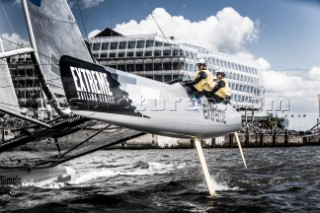 2015 Extreme Sailing Series - Act 5 - Hamburg.SAP Extreme Sailing Team skippered by Jes Gram-Hansen (DEN) and Rasmus KÂ¯stner (DEN) and crewed by Mads Emil Stephensen (DEN), Herve Cunningham (FRA) and Nicholai Sehested (DEN).