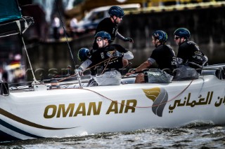 2015 Extreme Sailing Series - Act 5 - Hamburg.Oman Air skippered by Stevie Morrison (GBR) and crewed by Nic Asher (GBR), Ed Powys (GBR), Ted Hackney (AUS) and Ali Al Balushi (OMA)