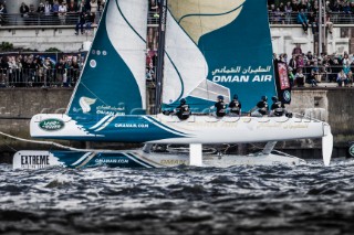 2015 Extreme Sailing Series - Act 5 - Hamburg.Oman Air skippered by Stevie Morrison (GBR) and crewed by Nic Asher (GBR), Ed Powys (GBR), Ted Hackney (AUS) and Ali Al Balushi (OMA)