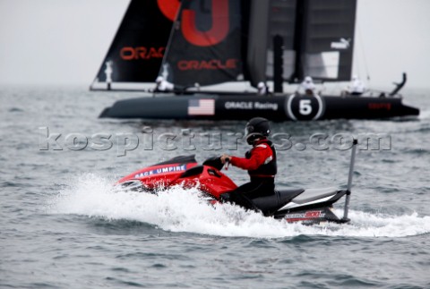 Umpire on a jet ski at the Americas Cup World Series Cascais Portugal