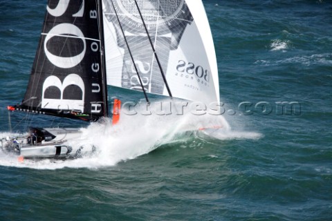 Aerial photoshoot of the IMOCA Open 60 Alex Thomson Racing Hugo Boss during a training session befor