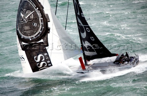 Aerial photoshoot of the IMOCA Open 60 Alex Thomson Racing Hugo Boss during a training session befor