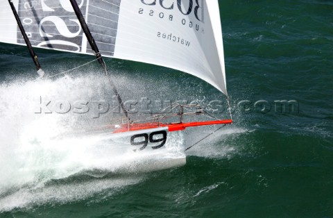 Aerial photoshoot of the IMOCA Open 60 Alex Thomson Racing Hugo Boss during a training session befor