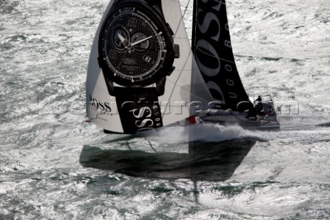 Aerial photoshoot of the IMOCA Open 60 Alex Thomson Racing Hugo Boss during a training session befor