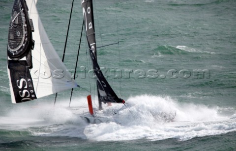 Aerial photoshoot of the IMOCA Open 60 Alex Thomson Racing Hugo Boss during a training session befor