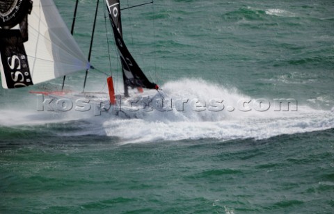 Aerial photoshoot of the IMOCA Open 60 Alex Thomson Racing Hugo Boss during a training session befor