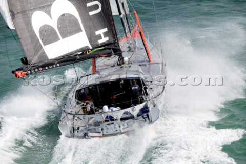 Aerial photoshoot of the IMOCA Open 60 Alex Thomson Racing Hugo Boss during a training session befor