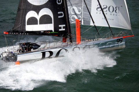 Aerial photoshoot of the IMOCA Open 60 Alex Thomson Racing Hugo Boss during a training session befor