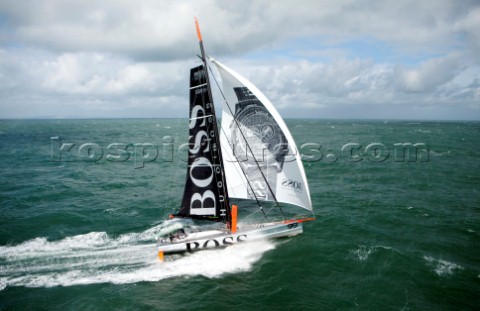 Aerial photoshoot of the IMOCA Open 60 Alex Thomson Racing Hugo Boss during a training session befor