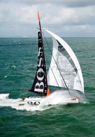 Aerial photoshoot of the IMOCA Open 60 Alex Thomson Racing Hugo Boss during a training session befor