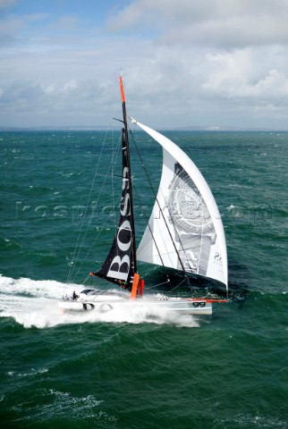 Aerial photoshoot of the IMOCA Open 60 Alex Thomson Racing Hugo Boss during a training session befor