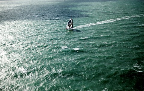 Aerial photoshoot of the IMOCA Open 60 Alex Thomson Racing Hugo Boss during a training session befor