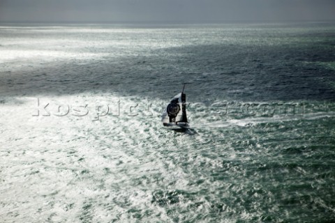 Aerial photoshoot of the IMOCA Open 60 Alex Thomson Racing Hugo Boss during a training session befor