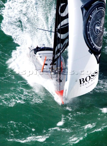 Aerial photoshoot of the IMOCA Open 60 Alex Thomson Racing Hugo Boss during a training session befor