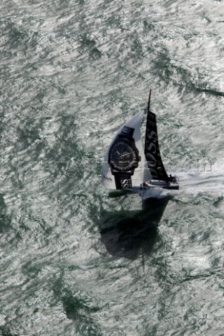 Aerial photoshoot of the IMOCA Open 60 Alex Thomson Racing Hugo Boss during a training session befor