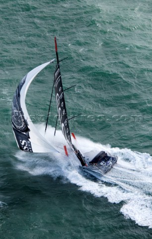 Aerial photoshoot of the IMOCA Open 60 Alex Thomson Racing Hugo Boss during a training session befor