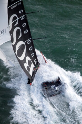 Aerial photoshoot of the IMOCA Open 60 Alex Thomson Racing Hugo Boss during a training session befor