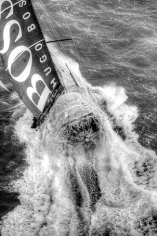 Aerial photoshoot of the IMOCA Open 60 Alex Thomson Racing Hugo Boss during a training session befor