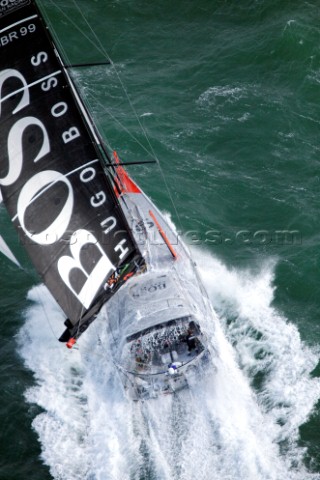 Aerial photoshoot of the IMOCA Open 60 Alex Thomson Racing Hugo Boss during a training session befor