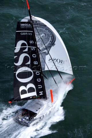 Aerial photoshoot of the IMOCA Open 60 Alex Thomson Racing Hugo Boss during a training session befor