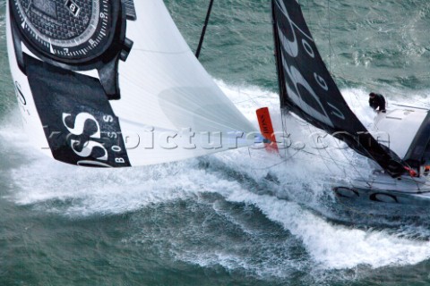 Aerial photoshoot of the IMOCA Open 60 Alex Thomson Racing Hugo Boss during a training session befor