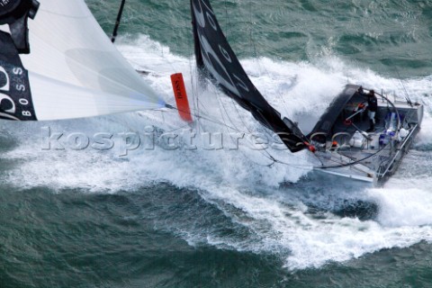 Aerial photoshoot of the IMOCA Open 60 Alex Thomson Racing Hugo Boss during a training session befor