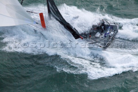 Aerial photoshoot of the IMOCA Open 60 Alex Thomson Racing Hugo Boss during a training session befor