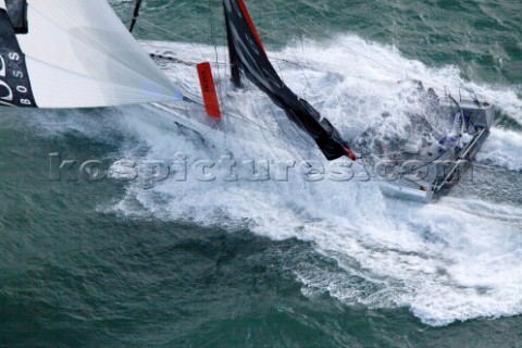 Aerial photoshoot of the IMOCA Open 60 Alex Thomson Racing Hugo Boss during a training session befor