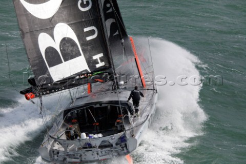 Aerial photoshoot of the IMOCA Open 60 Alex Thomson Racing Hugo Boss during a training session befor