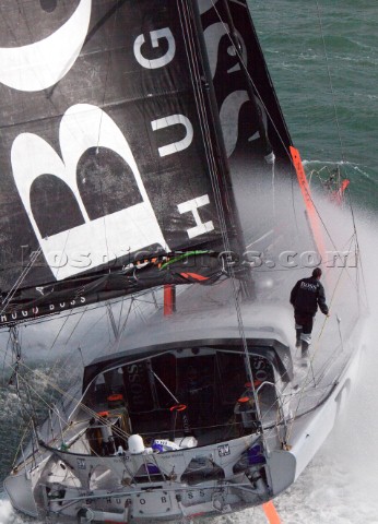 Aerial photoshoot of the IMOCA Open 60 Alex Thomson Racing Hugo Boss during a training session befor