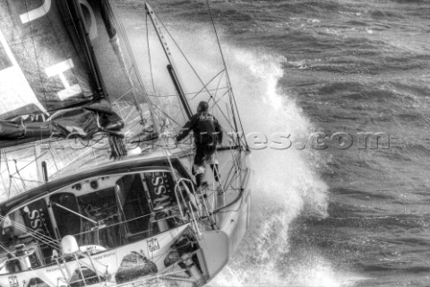 Aerial photoshoot of the IMOCA Open 60 Alex Thomson Racing Hugo Boss during a training session befor