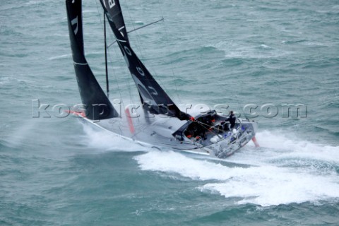 Aerial photoshoot of the IMOCA Open 60 Alex Thomson Racing Hugo Boss during a training session befor