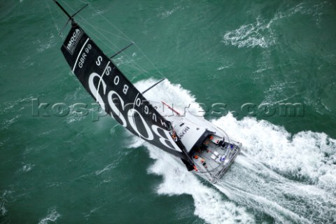 Aerial photoshoot of the IMOCA Open 60 Alex Thomson Racing Hugo Boss during a training session befor