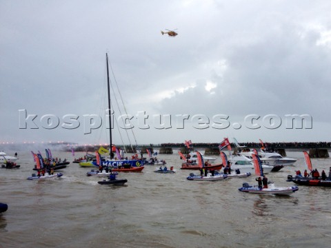 Francois Gabart crossed the Vendee Globe finish line at 141840 UTC today setting a new Vendee Globe 