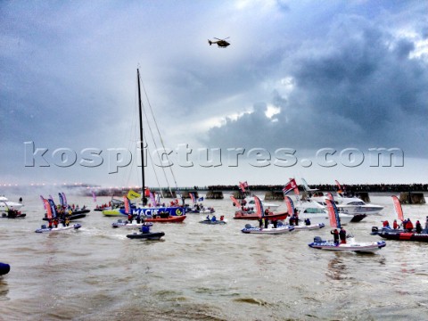 Francois Gabart crossed the Vendee Globe finish line at 141840 UTC today setting a new Vendee Globe 