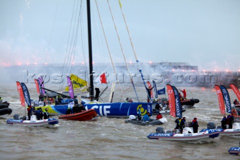 Francois Gabart crossed the Vendee Globe finish line at 141840 UTC today setting a new Vendee Globe 