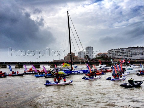 Francois Gabart crossed the Vendee Globe finish line at 141840 UTC today setting a new Vendee Globe 