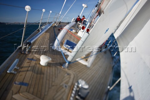 Sean Broe and Anton Muzik mustache sail aboard the Swan 48 sloop COLIBRI on the waters of San Franci