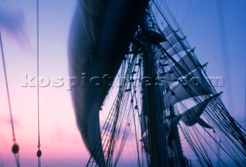 Fourmasted barque Nippon Maru in a dawn breeze