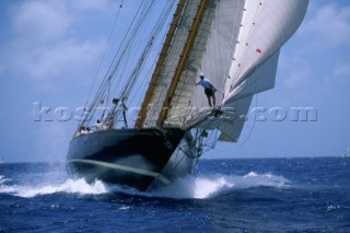 Bowman signals at the start, sailing Nat. Hereshoffs schooner Mariette in the Antigua Classic Yacht Regatta.