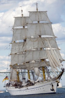 Tall Ships RI 2007 Newport RI. The Gorch Fock from Germany sails under the Pell Bridge. The Pell Bridge is 2.1 miles long and spans from Newport to Jamestown, RI.