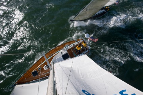 Two Nautor Swan sailboats the 39 foot ZEUS and the 40 foot BLUE MOON cruise side by side in San Fran