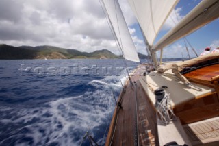 View from the deck of a  W-Class Yacht Wild Horses in the Antigua Classic Yacht Regatta, Antigua, British West Indies.