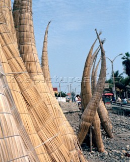 Caballitos (boats) in the Zone de Pescaobres, Huanchaco, Peru 2004    These boats are used by Pescaobres or fishermen.