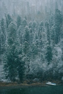 The Altai Nature Reserve and Lake Teleckoe in an early sping snowstorm.