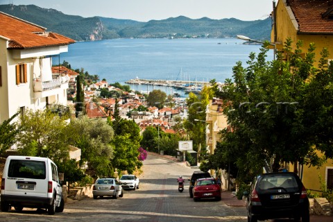 A street scene overlooking the Mediterranean Sea in Kas Turkey