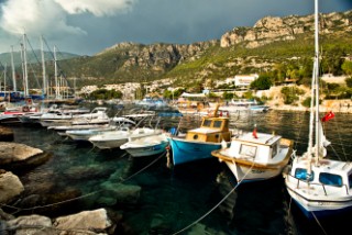 A line of boats in the marina of Kas, Turkey.