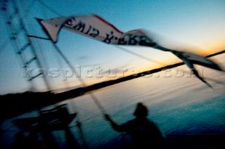 Passengers vacationing on the historic, Camden Maine based schooner Lewis French sailing off the coast of Maine during the annual Schooner Days Festival. July 2004. Festivities include a lobster bake and a schooner race.